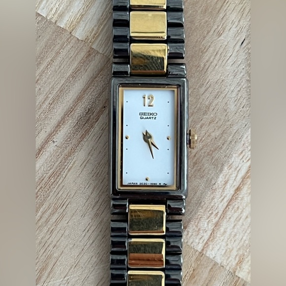 Seiko Ladies Watch Unique Two Tone Bracelet White Rectangular Dial - Picture 1 of 15